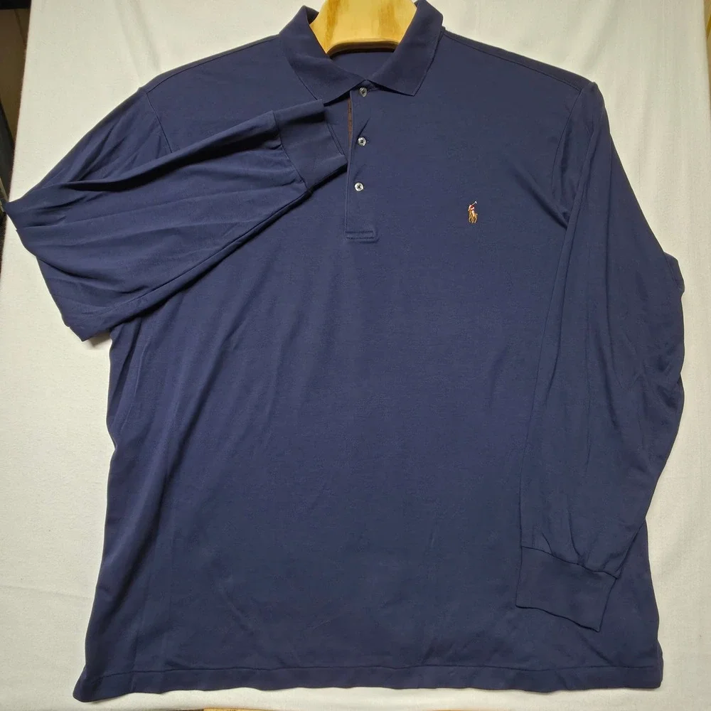Polo Ralph Lauren Polo Shirt Men's 2XLT Navy Blue Long Sleeve Jersey Cotton Pony